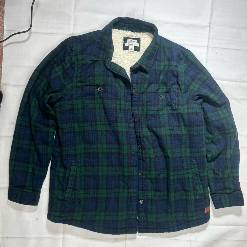 LL Bean Womens L Scotch Plaid Flannel Shirt Jacket Black Watch Sherpa Lined Navy